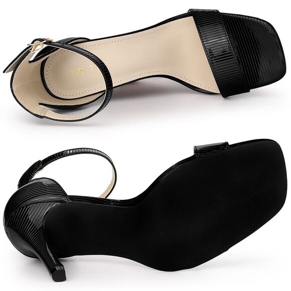 Women's Square Open Toe Metallic Buckle Ankle Strap Stiletto Heel Sandals Black - Picture 4 of 5